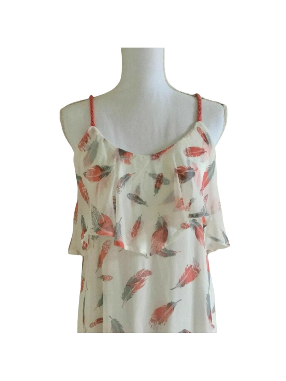 Long Boho White Maxi Feather Dress Ruffle SZ XSmall Xhilaration